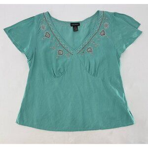 Lane Bryant Aqua Linen Blend Embellished Slit Sleeve Blouse Sz 14/16 Boho Preppy